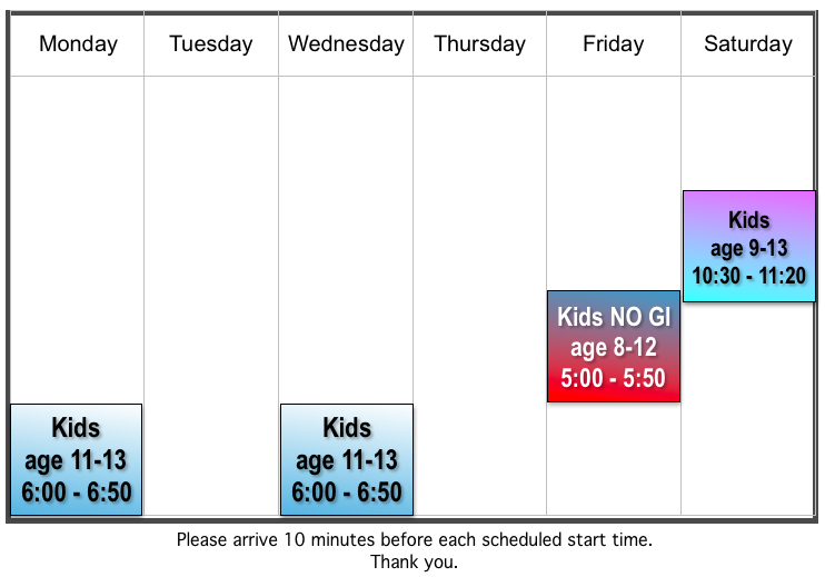 Jiu Jitsu For Kids 11-13 Schedule