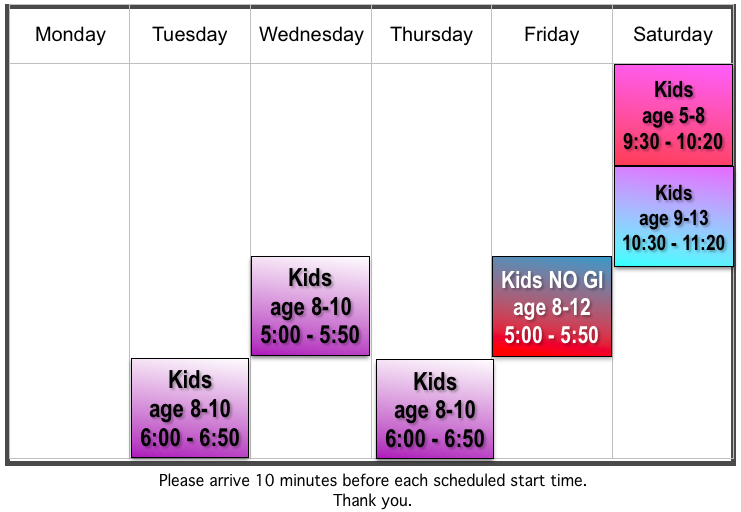 Jiu Jitsu For Kids 8-10 Schedule