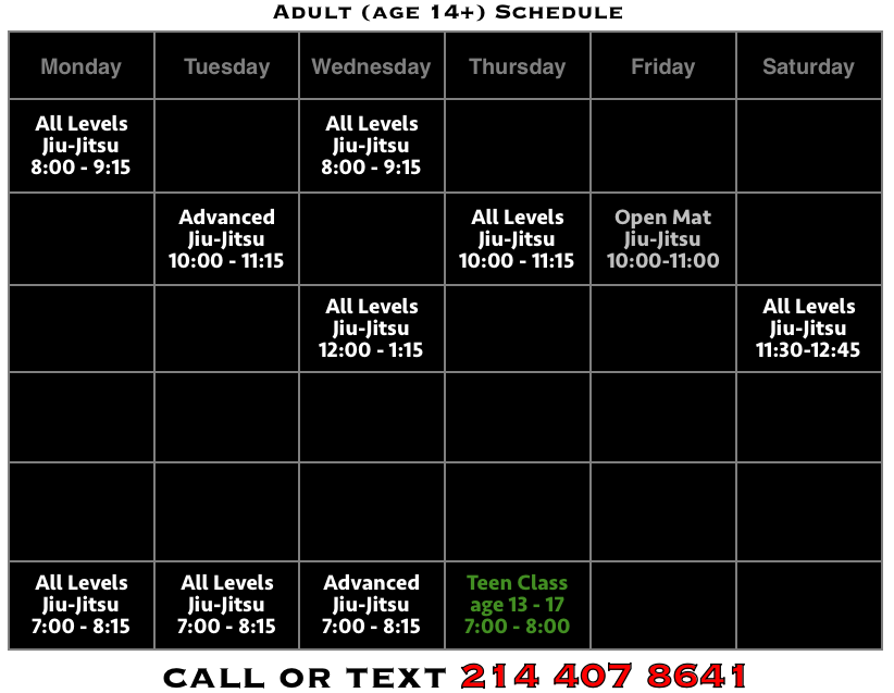 Jiu Jitsu For Adults Schedule Frisco TX